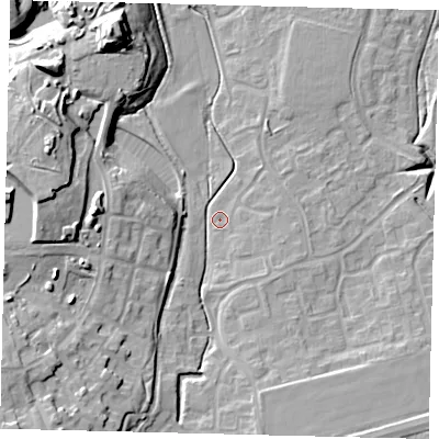 Shaded relief map of the ground around RH116AP, computed from Environment Agency LiDAR. The ground here sits at about 75 m above sea level and falls 20 m across the surrounding 800 m. Surface water reaching this point runs off ground lying to the south-west, 15.2 m higher.