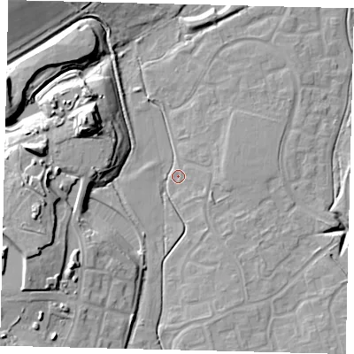 Shaded relief map of the ground around RH116AS, computed from Environment Agency LiDAR. The ground here sits at about 73 m above sea level and falls 21 m across the surrounding 800 m. Surface water reaching this point runs off ground lying to the south-south-west, 6.3 m higher.