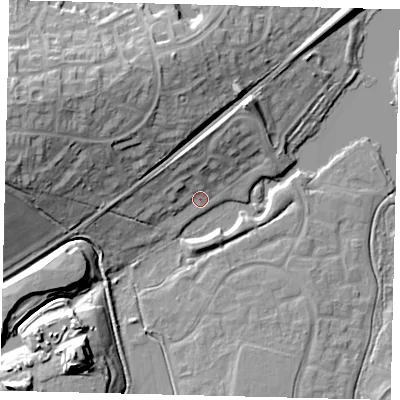 Shaded relief map of the ground around RH116BY, computed from Environment Agency LiDAR. The ground here sits at about 72 m above sea level and falls 22 m across the surrounding 800 m. Surface water reaching this point runs off ground lying to the north, 7.6 m higher.