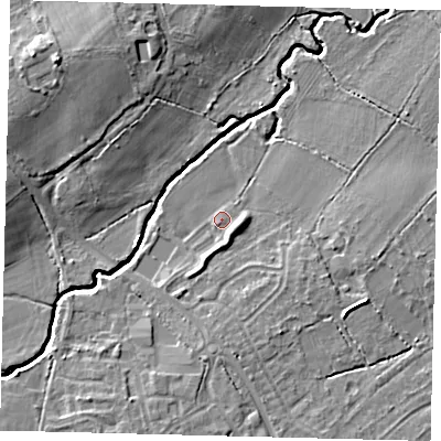 Shaded relief map of the ground around RH117LX, computed from Environment Agency LiDAR. The ground here sits at about 62 m above sea level and falls 12 m across the surrounding 800 m. Surface water reaching this point runs off ground lying to the south-south-east, 2.4 m higher.