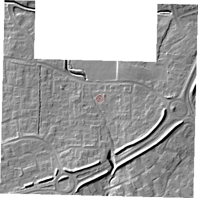 Shaded relief map of the ground around RH118BG, computed from Environment Agency LiDAR. The ground here sits at about 75 m above sea level and falls 15 m across the surrounding 800 m. Surface water reaching this point runs off ground lying to the south, 10.5 m higher.