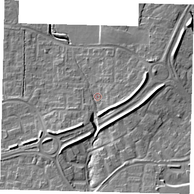 Shaded relief map of the ground around RH118BH, computed from Environment Agency LiDAR. The ground here sits at about 77 m above sea level and falls 15 m across the surrounding 800 m. Surface water reaching this point runs off ground lying to the south-south-west, 10.5 m higher.
