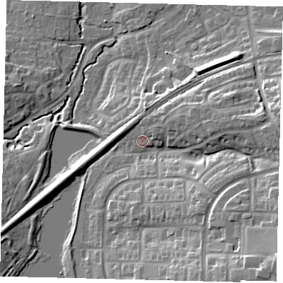 Shaded relief map of the ground around RH118BT, computed from Environment Agency LiDAR. The ground here sits at about 73 m above sea level and falls 26 m across the surrounding 800 m. Surface water reaching this point runs off ground lying to the north-east, 3.7 m higher.