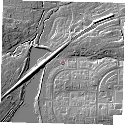 Shaded relief map of the ground around RH118BU, computed from Environment Agency LiDAR. The ground here sits at about 72 m above sea level and falls 26 m across the surrounding 800 m. Surface water reaching this point runs off ground lying to the south-east, 19.7 m higher.