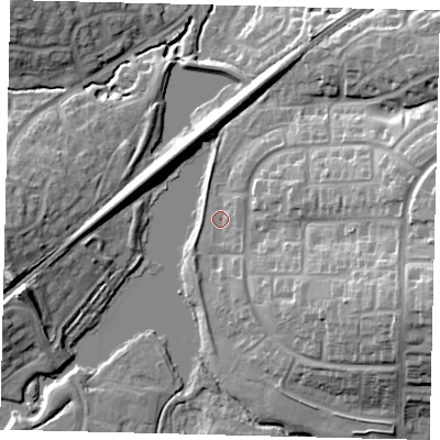 Shaded relief map of the ground around RH118BY, computed from Environment Agency LiDAR. The ground here sits at about 71 m above sea level and falls 22 m across the surrounding 800 m. Surface water reaching this point runs off ground lying to the east-south-east, 14.7 m higher.