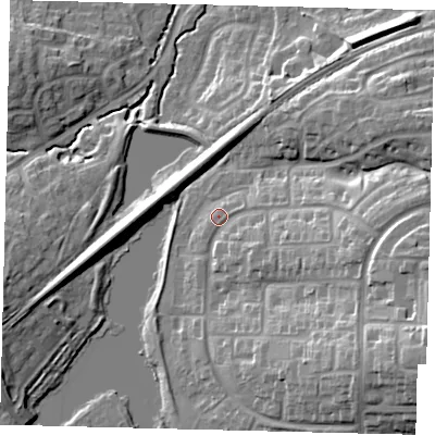 Shaded relief map of the ground around RH118DB, computed from Environment Agency LiDAR. The ground here sits at about 73 m above sea level and falls 24 m across the surrounding 800 m. Surface water reaching this point runs off ground lying to the east-south-east, 9.4 m higher.