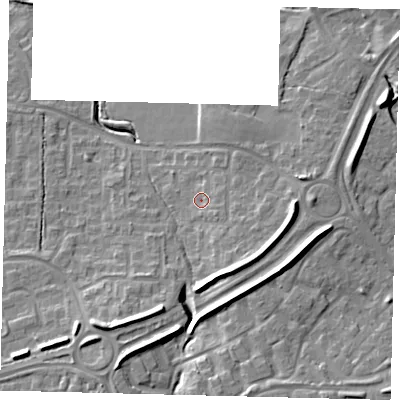 Shaded relief map of the ground around RH118DR, computed from Environment Agency LiDAR. The ground here sits at about 76 m above sea level and falls 14 m across the surrounding 800 m. Surface water reaching this point runs off ground lying to the south-east, 2.0 m higher.