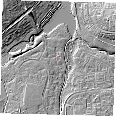 Shaded relief map of the ground around RH118FG, computed from Environment Agency LiDAR. The ground here sits at about 72 m above sea level and falls 17 m across the surrounding 800 m. Surface water reaching this point runs off ground lying to the south-west, 1.8 m higher.
