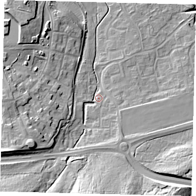 Shaded relief map of the ground around RH118GH, computed from Environment Agency LiDAR. The ground here sits at about 79 m above sea level and falls 24 m across the surrounding 800 m. Surface water reaching this point runs off ground lying to the south, 18.2 m higher.