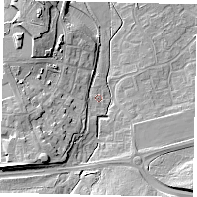Shaded relief map of the ground around RH118GN, computed from Environment Agency LiDAR. The ground here sits at about 79 m above sea level and falls 22 m across the surrounding 800 m. Surface water reaching this point runs off ground lying to the south-west, 15.1 m higher.