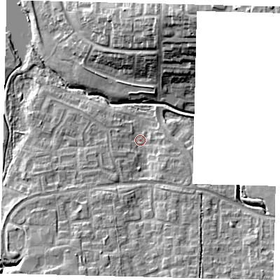 Shaded relief map of the ground around RH118JU, computed from Environment Agency LiDAR. The ground here sits at about 71 m above sea level and falls 25 m across the surrounding 800 m. Surface water reaching this point runs off ground lying to the south-south-west, 5.9 m higher.
