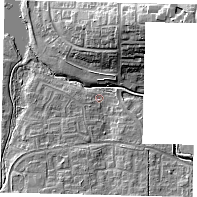 Shaded relief map of the ground around RH118JX, computed from Environment Agency LiDAR. The ground here sits at about 71 m above sea level and falls 25 m across the surrounding 800 m. Surface water reaching this point runs off ground lying to the south-south-west, 2.8 m higher.