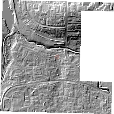 Shaded relief map of the ground around RH118JZ, computed from Environment Agency LiDAR. The ground here sits at about 71 m above sea level and falls 25 m across the surrounding 800 m. Surface water reaching this point runs off ground lying to the south-south-west, 5.8 m higher.