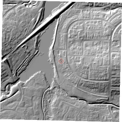 Shaded relief map of the ground around RH118ND, computed from Environment Agency LiDAR. The ground here sits at about 72 m above sea level and falls 21 m across the surrounding 800 m. Surface water reaching this point runs off ground lying to the east, 1.7 m higher.
