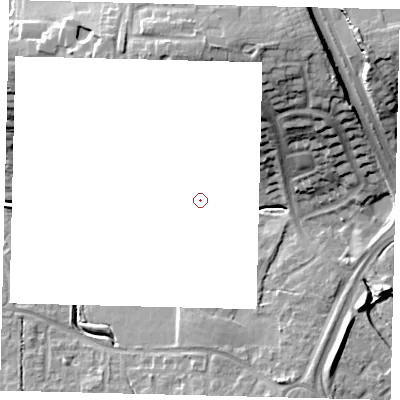 Shaded relief map of the ground around RH118NF, computed from Environment Agency LiDAR. and falls 26 m across the surrounding 800 m.