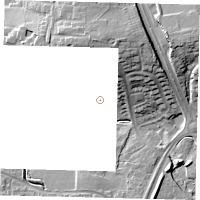 Shaded relief map of the ground around RH118NQ, computed from Environment Agency LiDAR. and falls 24 m across the surrounding 800 m.