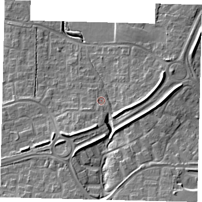 Shaded relief map of the ground around RH118NZ, computed from Environment Agency LiDAR. The ground here sits at about 77 m above sea level and falls 15 m across the surrounding 800 m. Surface water reaching this point runs off ground lying to the south-west, 7.0 m higher.