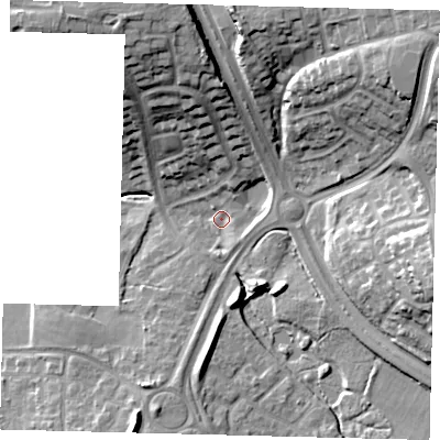 Shaded relief map of the ground around RH118PL, computed from Environment Agency LiDAR. The ground here sits at about 74 m above sea level and falls 24 m across the surrounding 800 m. Surface water reaching this point runs off ground lying to the north-north-west, 20.1 m higher.