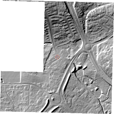 Shaded relief map of the ground around RH118PS, computed from Environment Agency LiDAR. The ground here sits at about 75 m above sea level and falls 23 m across the surrounding 800 m. Surface water reaching this point runs off ground lying to the south-south-west, 2.2 m higher.