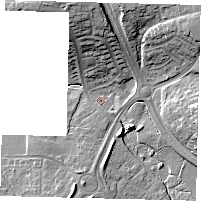Shaded relief map of the ground around RH118PU, computed from Environment Agency LiDAR. The ground here sits at about 74 m above sea level and falls 24 m across the surrounding 800 m. Surface water reaching this point runs off ground lying to the north, 20.1 m higher.