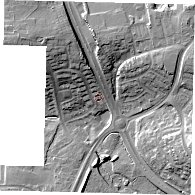 Shaded relief map of the ground around RH118PX, computed from Environment Agency LiDAR. The ground here sits at about 80 m above sea level and falls 24 m across the surrounding 800 m. Surface water reaching this point runs off ground lying to the north-west, 15.3 m higher.