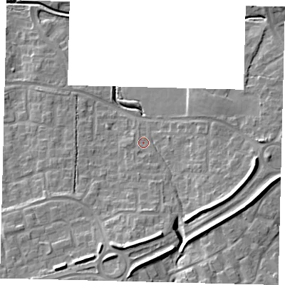 Shaded relief map of the ground around RH118QD, computed from Environment Agency LiDAR. The ground here sits at about 75 m above sea level and falls 15 m across the surrounding 800 m. Surface water reaching this point runs off ground lying to the south-south-east, 2.4 m higher.
