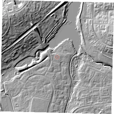 Shaded relief map of the ground around RH118RA, computed from Environment Agency LiDAR. The ground here sits at about 72 m above sea level and falls 17 m across the surrounding 800 m. Surface water reaching this point runs off ground lying to the south-south-east, 0.6 m higher.