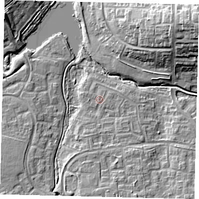 Shaded relief map of the ground around RH118RF, computed from Environment Agency LiDAR. The ground here sits at about 72 m above sea level and falls 19 m across the surrounding 800 m. Surface water reaching this point runs off ground lying to the east-north-east, 0.8 m higher.
