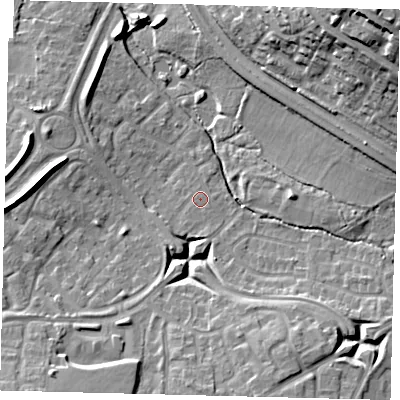 Shaded relief map of the ground around RH119DF, computed from Environment Agency LiDAR. The ground here sits at about 77 m above sea level and falls 25 m across the surrounding 800 m. Surface water reaching this point runs off ground lying to the south-west, 1.7 m higher.