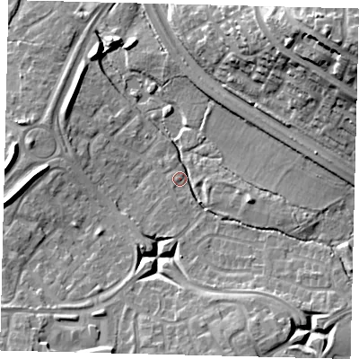 Shaded relief map of the ground around RH119DG, computed from Environment Agency LiDAR. The ground here sits at about 77 m above sea level and falls 25 m across the surrounding 800 m. Surface water reaching this point runs off ground lying to the south-south-east, 9.7 m higher.
