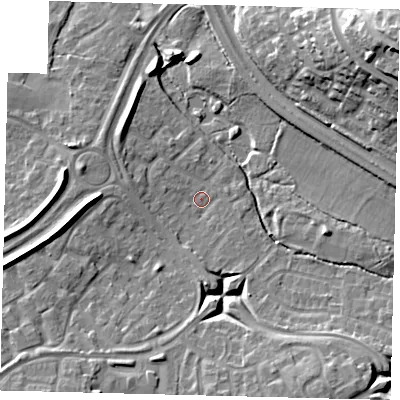 Shaded relief map of the ground around RH119DH, computed from Environment Agency LiDAR. The ground here sits at about 76 m above sea level and falls 24 m across the surrounding 800 m. Surface water reaching this point runs off ground lying to the south-west, 8.5 m higher.