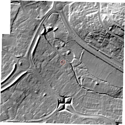 Shaded relief map of the ground around RH119DJ, computed from Environment Agency LiDAR. The ground here sits at about 76 m above sea level and falls 26 m across the surrounding 800 m. Surface water reaching this point runs off ground lying to the west-south-west, 7.8 m higher.