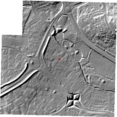 Shaded relief map of the ground around RH119DL, computed from Environment Agency LiDAR. The ground here sits at about 77 m above sea level and falls 23 m across the surrounding 800 m. Surface water reaching this point runs off ground lying to the west-south-west, 2.1 m higher.