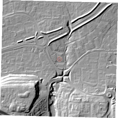 Shaded relief map of the ground around RH119EF, computed from Environment Agency LiDAR. The ground here sits at about 82 m above sea level and falls 38 m across the surrounding 800 m. Surface water reaching this point runs off ground lying to the south, 2.7 m higher.