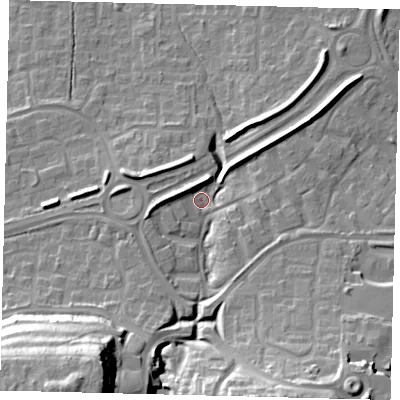 Shaded relief map of the ground around RH119EQ, computed from Environment Agency LiDAR. The ground here sits at about 80 m above sea level and falls 36 m across the surrounding 800 m. Surface water reaching this point runs off ground lying to the south-west, 30.1 m higher.