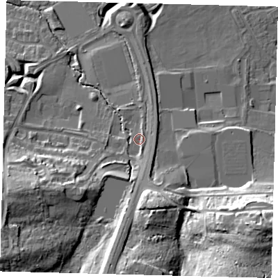 Shaded relief map of the ground around RH119GH, computed from Environment Agency LiDAR. The ground here sits at about 84 m above sea level and falls 24 m across the surrounding 800 m. Surface water reaching this point runs off ground lying to the south-south-east, 10.6 m higher.