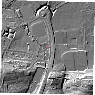 Shaded relief map of the ground around RH119GJ, computed from Environment Agency LiDAR. The ground here sits at about 83 m above sea level and falls 24 m across the surrounding 800 m. Surface water reaching this point runs off ground lying to the south-west, 17.0 m higher.