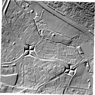 Shaded relief map of the ground around RH119HD, computed from Environment Agency LiDAR. The ground here sits at about 78 m above sea level and falls 21 m across the surrounding 800 m. Surface water reaching this point runs off ground lying to the south, 7.9 m higher.