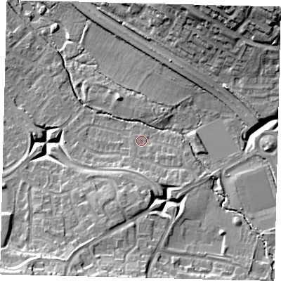 Shaded relief map of the ground around RH119HE, computed from Environment Agency LiDAR. The ground here sits at about 79 m above sea level and falls 20 m across the surrounding 800 m. Surface water reaching this point runs off ground lying to the south-south-west, 10.6 m higher.