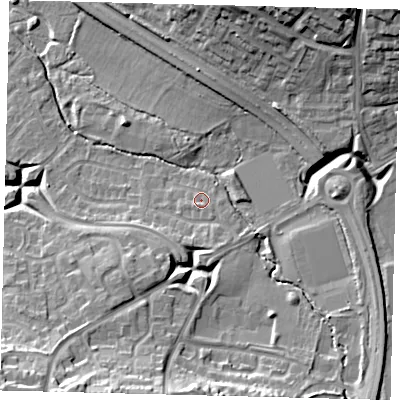 Shaded relief map of the ground around RH119HF, computed from Environment Agency LiDAR. The ground here sits at about 80 m above sea level and falls 19 m across the surrounding 800 m. Surface water reaching this point runs off ground lying to the south, 3.3 m higher.