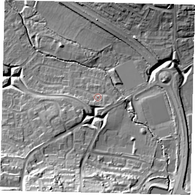 Shaded relief map of the ground around RH119HG, computed from Environment Agency LiDAR. The ground here sits at about 81 m above sea level and falls 24 m across the surrounding 800 m. Surface water reaching this point runs off ground lying to the south-west, 18.8 m higher.