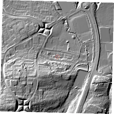 Shaded relief map of the ground around RH119PA, computed from Environment Agency LiDAR. The ground here sits at about 84 m above sea level and falls 33 m across the surrounding 800 m. Surface water reaching this point runs off ground lying to the south, 7.5 m higher.
