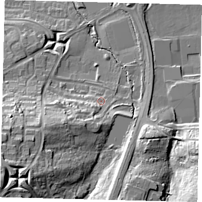 Shaded relief map of the ground around RH119PB, computed from Environment Agency LiDAR. The ground here sits at about 86 m above sea level and falls 29 m across the surrounding 800 m. Surface water reaching this point runs off ground lying to the south-south-west, 8.5 m higher.