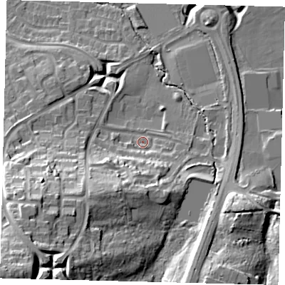 Shaded relief map of the ground around RH119PD, computed from Environment Agency LiDAR. The ground here sits at about 84 m above sea level and falls 32 m across the surrounding 800 m. Surface water reaching this point runs off ground lying to the south-south-west, 11.4 m higher.