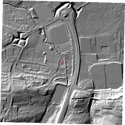 Shaded relief map of the ground around RH119RT, computed from Environment Agency LiDAR. The ground here sits at about 83 m above sea level and falls 25 m across the surrounding 800 m. Surface water reaching this point runs off ground lying to the south-west, 18.6 m higher.