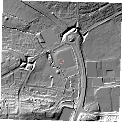 Shaded relief map of the ground around RH119RX, computed from Environment Agency LiDAR. The ground here sits at about 82 m above sea level and falls 22 m across the surrounding 800 m. The ground contributing surface water to this point lies to the north-east.