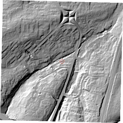 Shaded relief map of the ground around RH119TA, computed from Environment Agency LiDAR. The ground here sits at about 99 m above sea level and falls 40 m across the surrounding 800 m. Surface water reaching this point runs off ground lying to the south-south-west, 32.7 m higher.