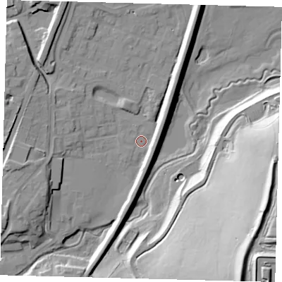 Shaded relief map of the ground around RH11AL, computed from Environment Agency LiDAR. The ground here sits at about 79 m above sea level and falls 52 m across the surrounding 800 m. Surface water reaching this point runs off ground lying to the north-north-east, 9.6 m higher.