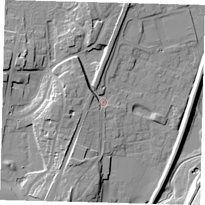 Shaded relief map of the ground around RH11AU, computed from Environment Agency LiDAR. The ground here sits at about 82 m above sea level and falls 17 m across the surrounding 800 m. Surface water reaching this point runs off ground lying to the west-north-west, 4.8 m higher.