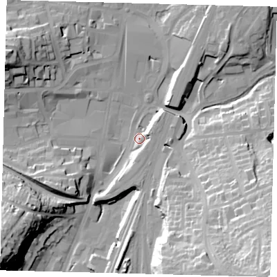 Shaded relief map of the ground around RH11EU, computed from Environment Agency LiDAR. The ground here sits at about 78 m above sea level and falls 52 m across the surrounding 800 m. Surface water reaching this point runs off ground lying to the south-west, 15.2 m higher.